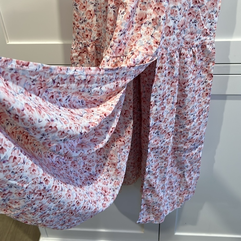 Floral Pink Long Maxi Smocked Dress Ruffle Sleeves Size Small - Picture 3 of 6